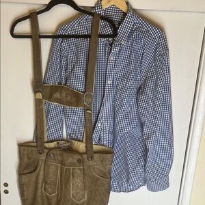 Izod Blue Checkered Shirt XL and Livergy Brown leather Lederhosen L